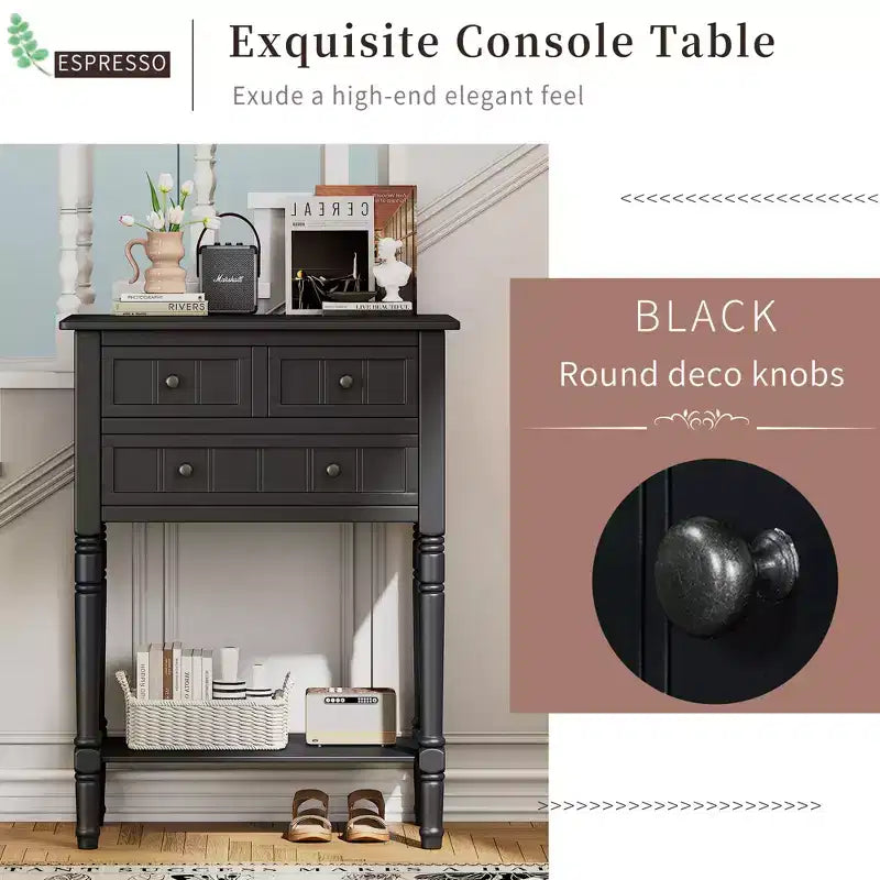 Mesa consola retro pequeña con cajones y estante inferior, mesa de entrada de madera estilo rústico con almacenamiento, mesa auxiliar delgada de madera para la entrada