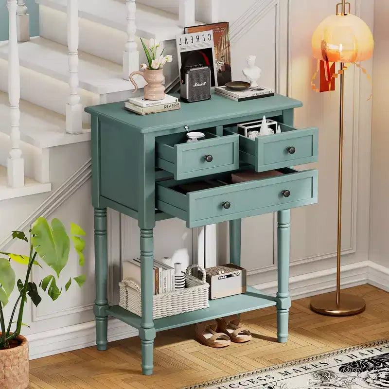 Mesa consola retro pequeña con cajones y estante inferior, mesa de entrada de madera estilo rústico con almacenamiento, mesa auxiliar delgada de madera para la entrada