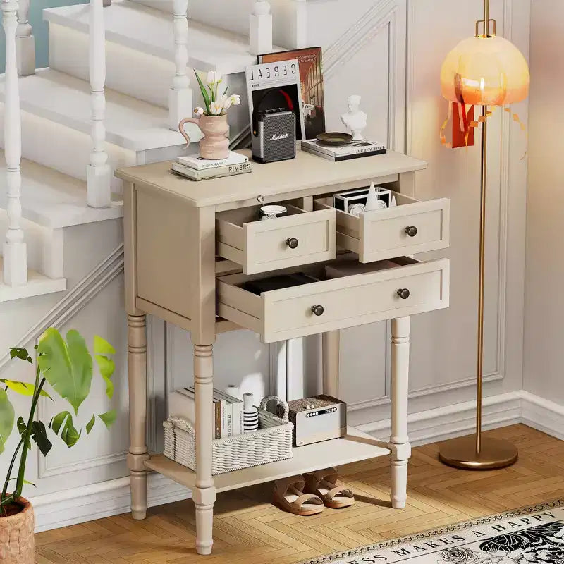 Mesa consola retro pequeña con cajones y estante inferior, mesa de entrada de madera estilo rústico con almacenamiento, mesa auxiliar delgada de madera para la entrada