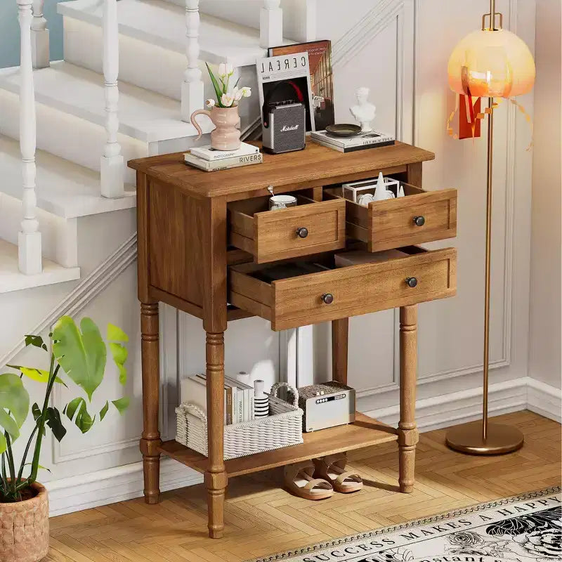 Mesa consola retro pequeña con cajones y estante inferior, mesa de entrada de madera estilo rústico con almacenamiento, mesa auxiliar delgada de madera para la entrada