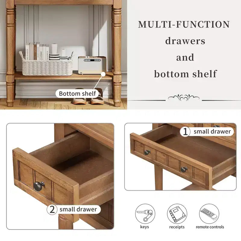 Mesa consola retro pequeña con cajones y estante inferior, mesa de entrada de madera estilo rústico con almacenamiento, mesa auxiliar delgada de madera para la entrada
