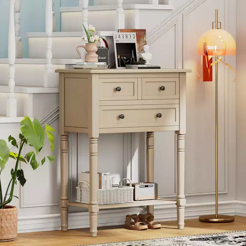 Retro Small Console Table with Drawers and Bottom Shelf, Farmhouse Wood Entryway Table with Storage, Wood Slim Side Table for Entryway