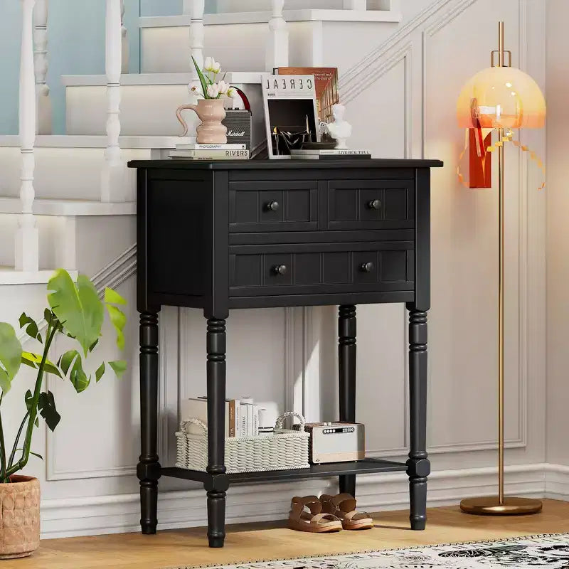 Mesa consola retro pequeña con cajones y estante inferior, mesa de entrada de madera estilo rústico con almacenamiento, mesa auxiliar delgada de madera para la entrada