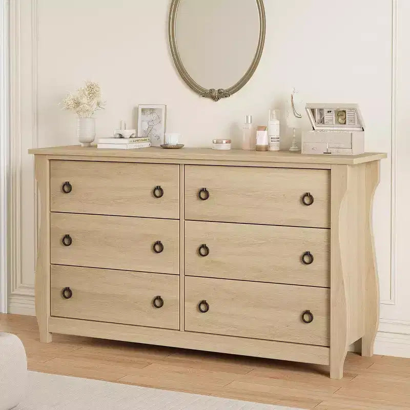 6-Drawer Dresser with Sliding Doors - Modern Freestanding Storage Cabinet for Bedroom or Living Room, Wide Design