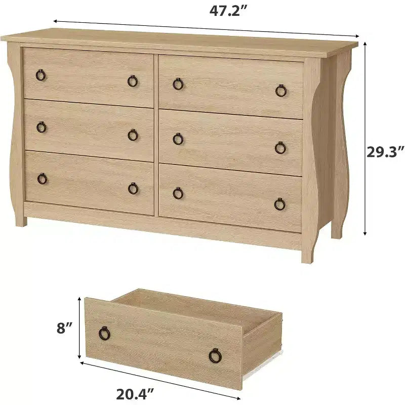 Cómoda de 6 cajones con puertas correderas - Armario de almacenamiento moderno e independiente para dormitorio o sala de estar, diseño amplio