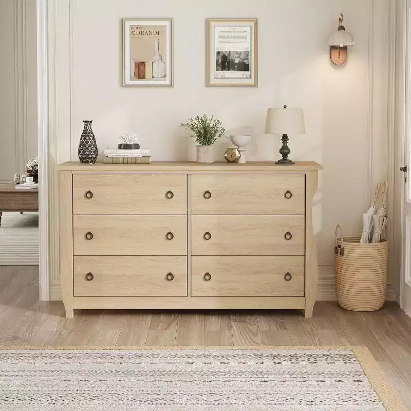 Cómoda de 6 cajones con puertas correderas - Armario de almacenamiento moderno e independiente para dormitorio o sala de estar, diseño amplio