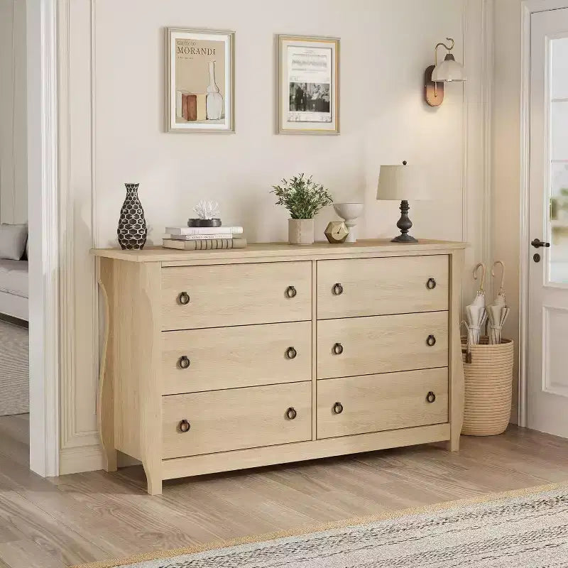 Cómoda de 6 cajones con puertas correderas - Armario de almacenamiento moderno e independiente para dormitorio o sala de estar, diseño amplio