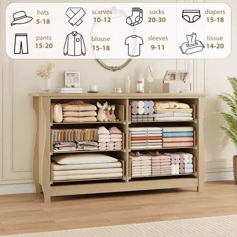 Cómoda de 6 cajones con puertas correderas - Armario de almacenamiento moderno e independiente para dormitorio o sala de estar, diseño amplio