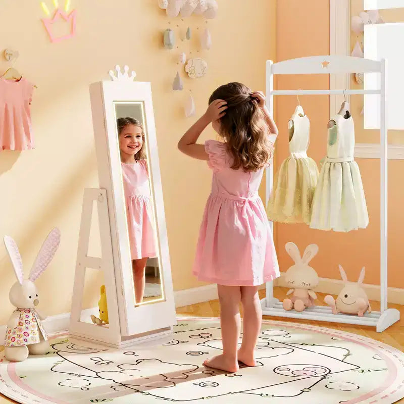 Armario giratorio de Costway para joyas de niños con luces, espejo de cuerpo entero y espejo incorporado
