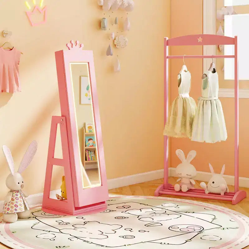 Armario giratorio de Costway para joyas de niños con luces, espejo de cuerpo entero y espejo incorporado
