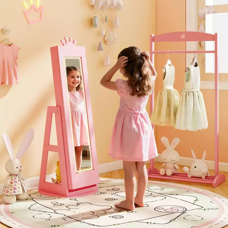 Armario giratorio de Costway para joyas de niños con luces, espejo de cuerpo entero y espejo incorporado