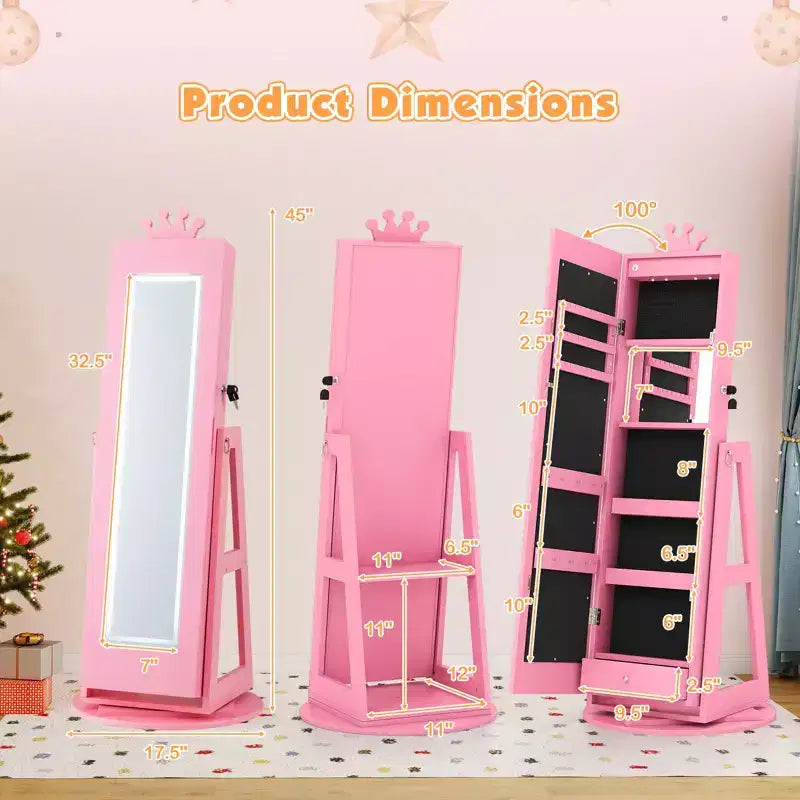 Armario giratorio de Costway para joyas de niños con luces, espejo de cuerpo entero y espejo incorporado