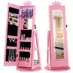 Costway Swivel Kids Jewelry Cabinet w/ Lights Full-Length Mirror & Built-in Mirror