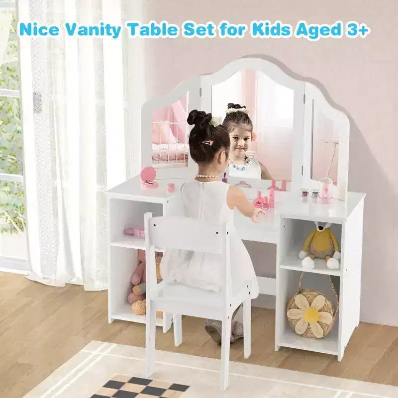 Tocador Costway para niños, tocador de maquillaje de princesa 2 en 1 con silla y espejo triple seguro