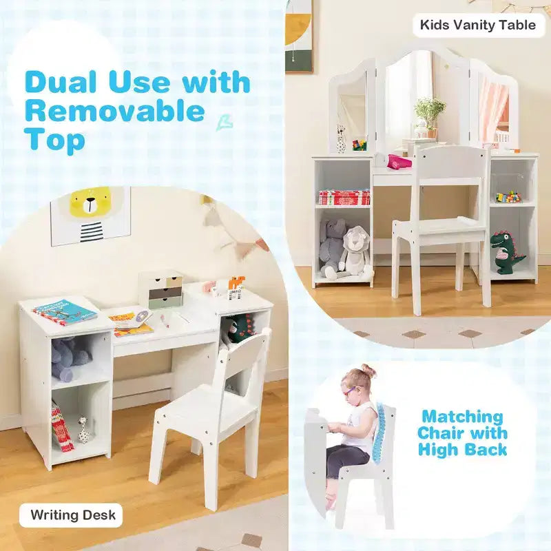 Tocador Costway para niños, tocador de maquillaje de princesa 2 en 1 con silla y espejo triple seguro