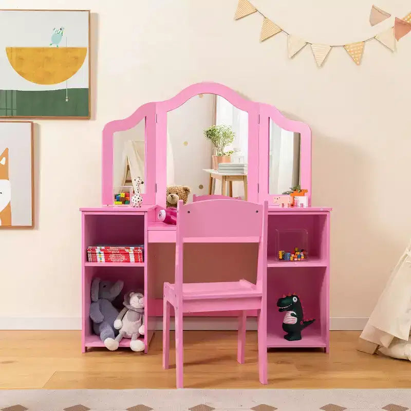 Tocador Costway para niños, tocador de maquillaje de princesa 2 en 1 con silla y espejo triple seguro