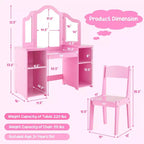 Tocador Costway para niños, tocador de maquillaje de princesa 2 en 1 con silla y espejo triple seguro