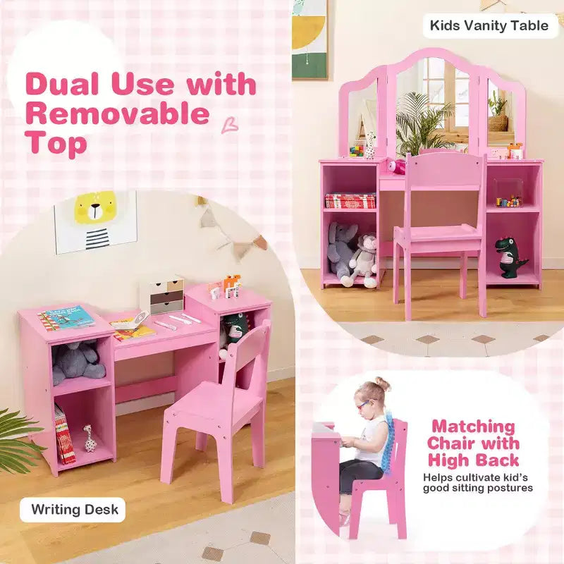 Tocador Costway para niños, tocador de maquillaje de princesa 2 en 1 con silla y espejo triple seguro