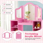 Tocador Costway para niños, tocador de maquillaje de princesa 2 en 1 con silla y espejo triple seguro