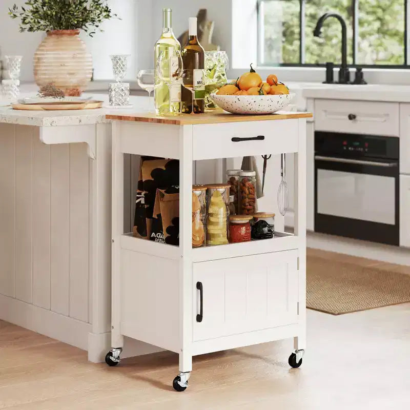 Costway Isla de cocina pequeña con ruedas, carrito móvil, puerta de granero, cajón y ganchos