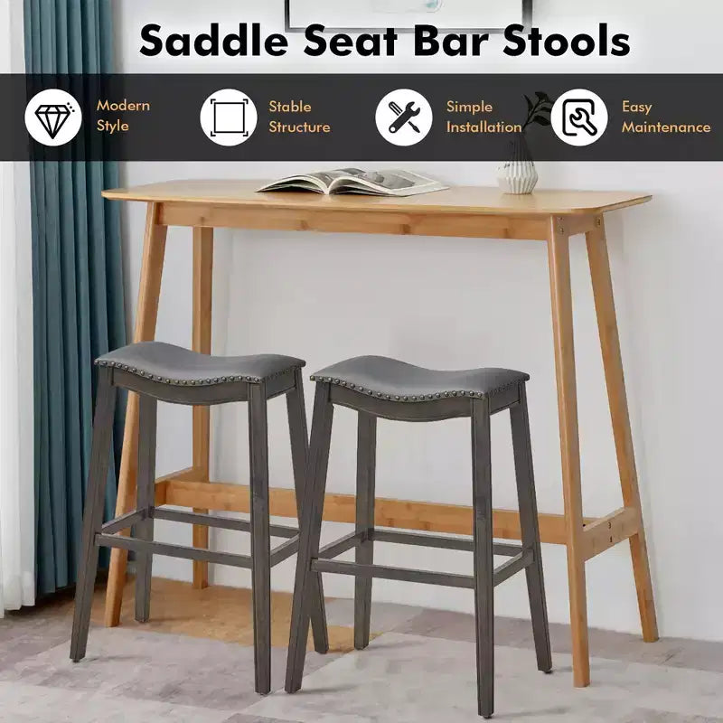 Costway Juego de 2 Taburetes de Bar con Asiento de Montura, Sillas de Cocina Altas para Barra con Patas de Madera de Caucho