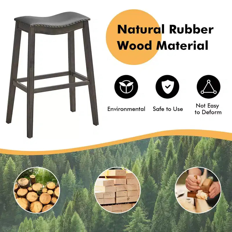 Costway Juego de 2 Taburetes de Bar con Asiento de Montura, Sillas de Cocina Altas para Barra con Patas de Madera de Caucho