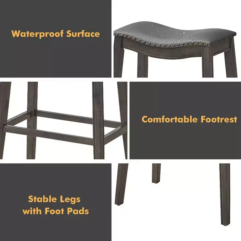 Costway Juego de 2 Taburetes de Bar con Asiento de Montura, Sillas de Cocina Altas para Barra con Patas de Madera de Caucho