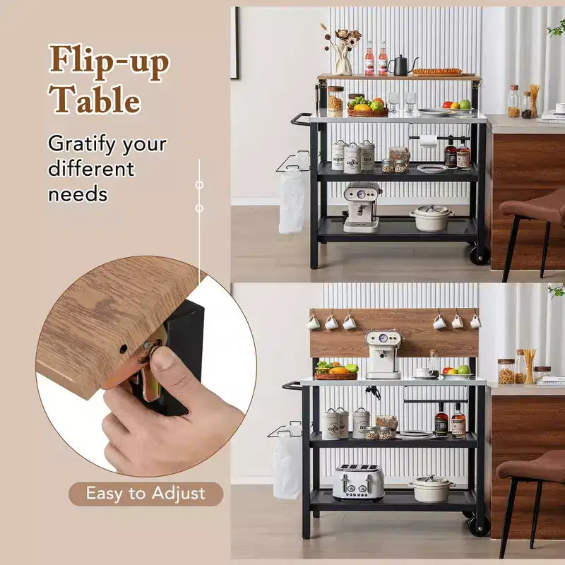 Carro de bar con ruedas Costway con mesa plegable, ganchos, soporte para toallas de papel, 2 taburetes de bistró