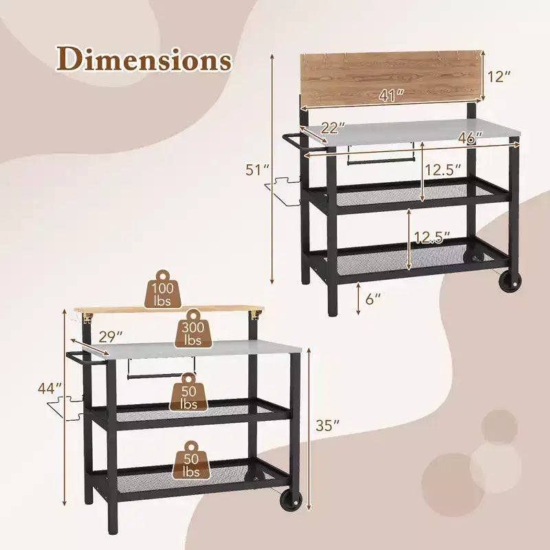 Carro de bar con ruedas Costway con mesa plegable, ganchos, soporte para toallas de papel, 2 taburetes de bistró