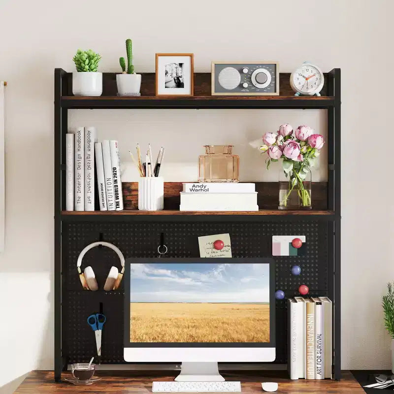 Estantería de escritorio de 2 niveles Costway con tablero perforado de metal y 2 dispositivos antivuelco