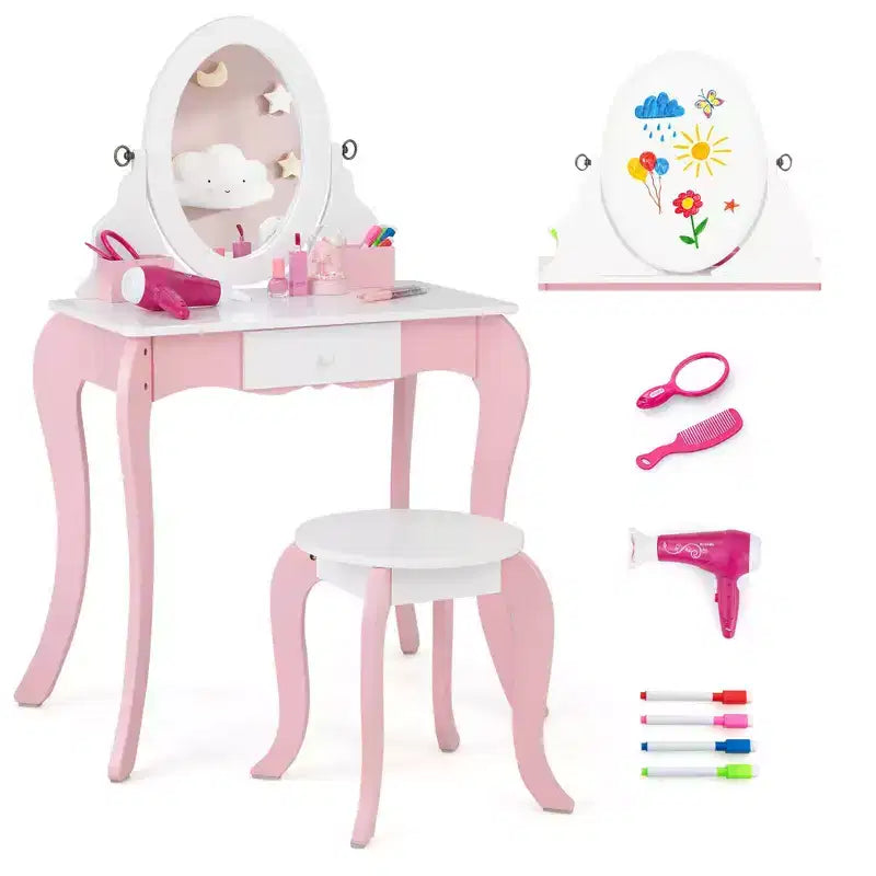 Costway Pretend Kids Vanity Set Makeup Dressing Table 2-in-1 Mirror & Whiteboard
