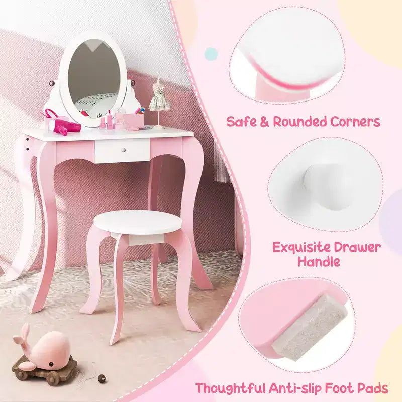 Costway Set de tocador de juguete para niños, mesa de maquillaje 2 en 1 con espejo y pizarra