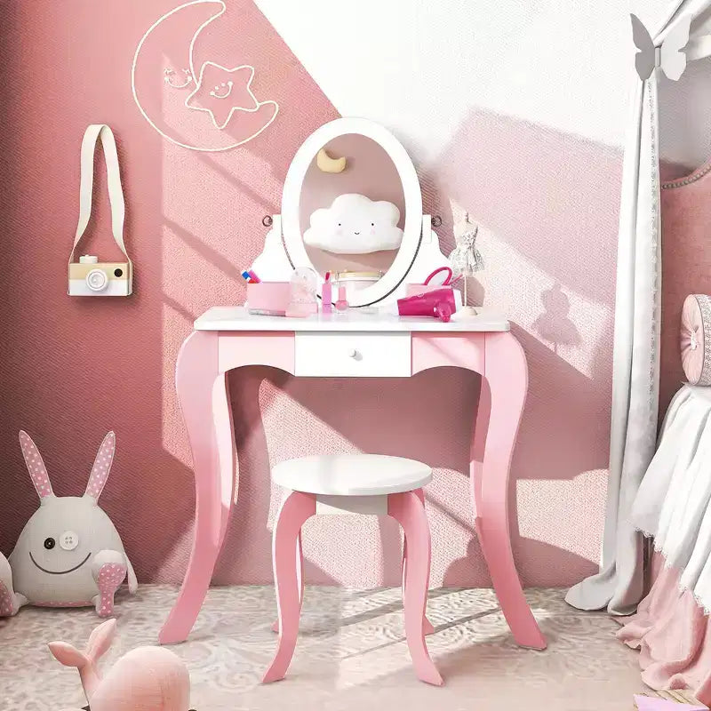 Costway Set de tocador de juguete para niños, mesa de maquillaje 2 en 1 con espejo y pizarra