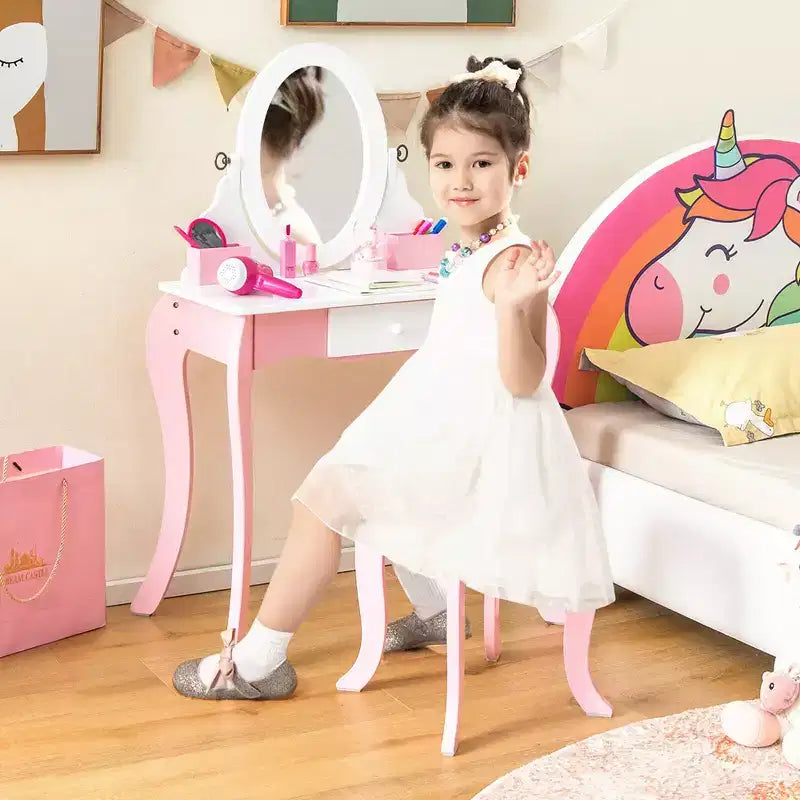 Costway Set de tocador de juguete para niños, mesa de maquillaje 2 en 1 con espejo y pizarra