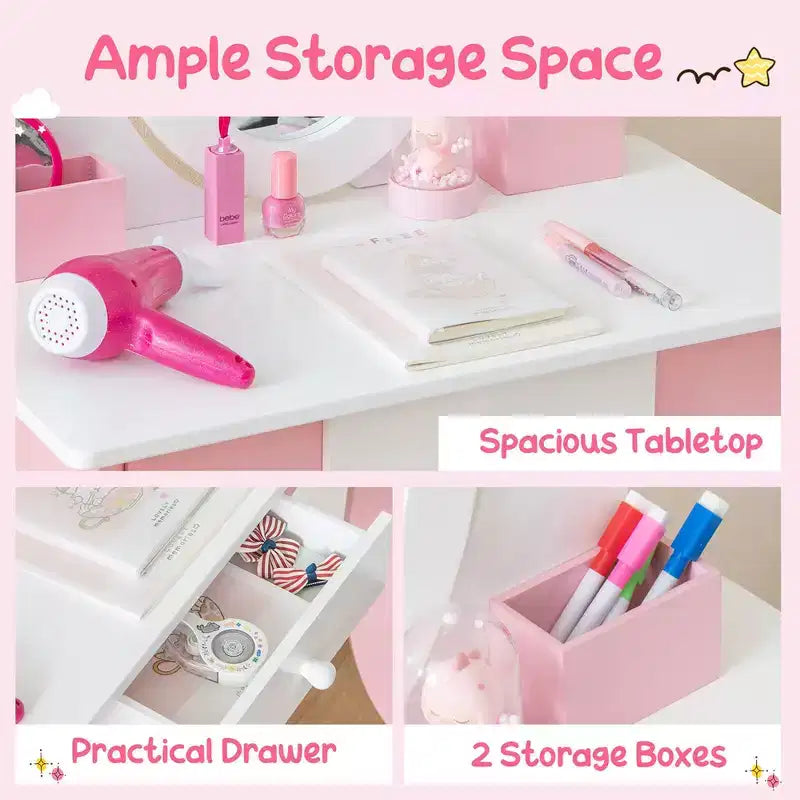 Costway Set de tocador de juguete para niños, mesa de maquillaje 2 en 1 con espejo y pizarra