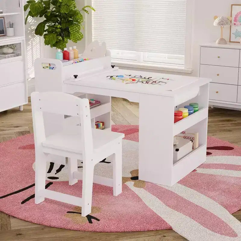 Art Table with 2 Chairs, Craft Play Wood Activity Desk with Large Storage Shelves for Writing Drawing white