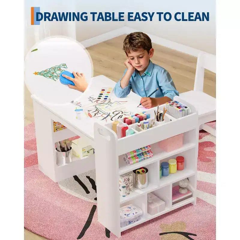 Mesa de arte con 2 sillas, escritorio de actividades de madera para manualidades con estantes grandes de almacenamiento para escribir y dibujar, blanco