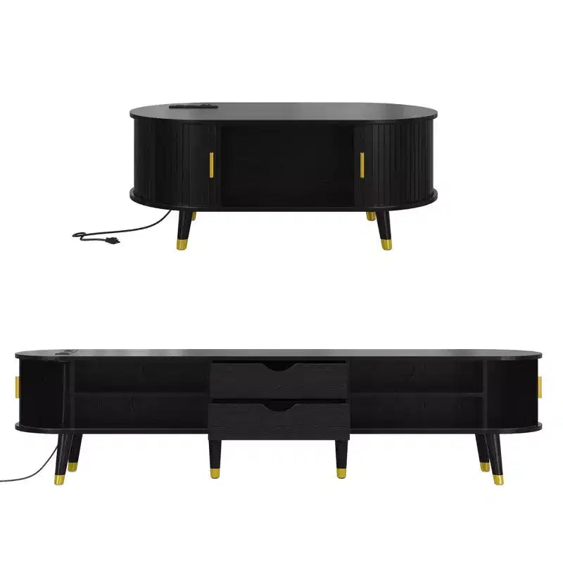 Mueble de TV estilo rústico con mesa de centro para televisores de 80 pulgadas, Mueble de TV acanalado con puerta corredera, Centro de entretenimiento ovalado con patas de madera