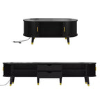 Mueble de TV estilo rústico con mesa de centro para televisores de 80 pulgadas, Mueble de TV acanalado con puerta corredera, Centro de entretenimiento ovalado con patas de madera