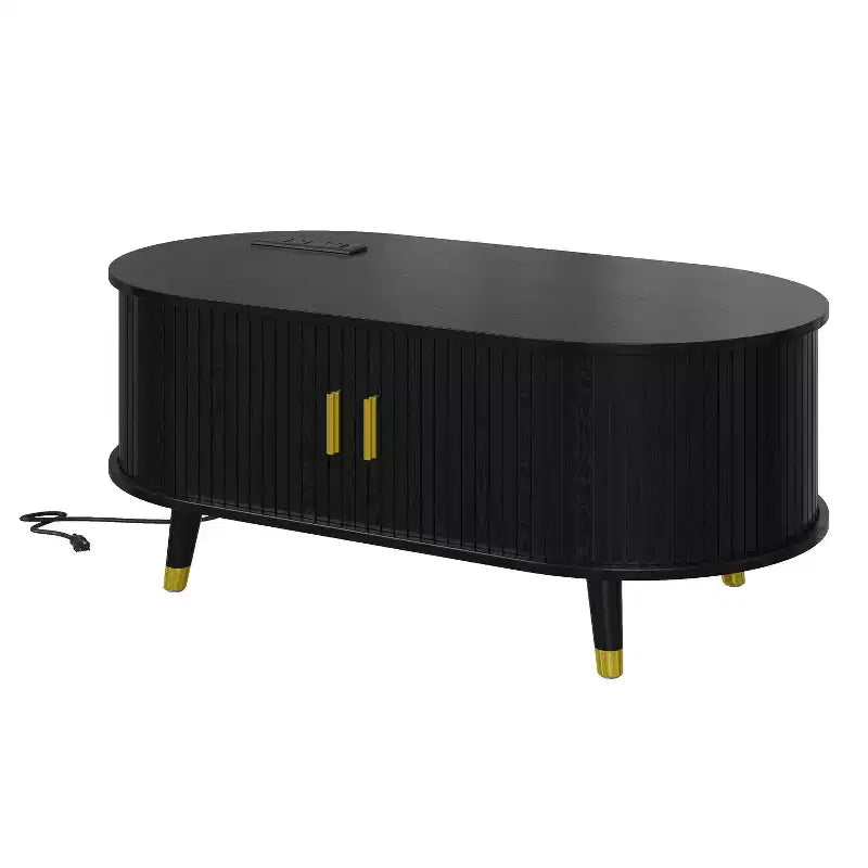 Mueble de TV estilo rústico con mesa de centro para televisores de 80 pulgadas, Mueble de TV acanalado con puerta corredera, Centro de entretenimiento ovalado con patas de madera