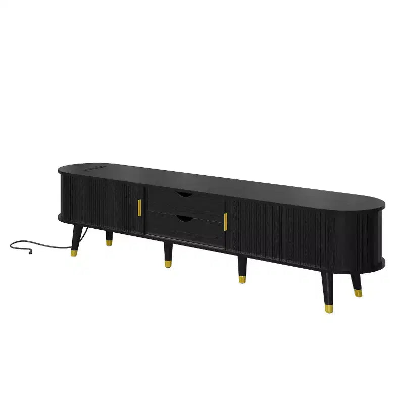 Mueble de TV estilo rústico con mesa de centro para televisores de 80 pulgadas, Mueble de TV acanalado con puerta corredera, Centro de entretenimiento ovalado con patas de madera