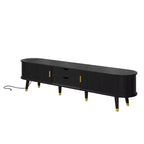 Mueble de TV estilo rústico con mesa de centro para televisores de 80 pulgadas, Mueble de TV acanalado con puerta corredera, Centro de entretenimiento ovalado con patas de madera