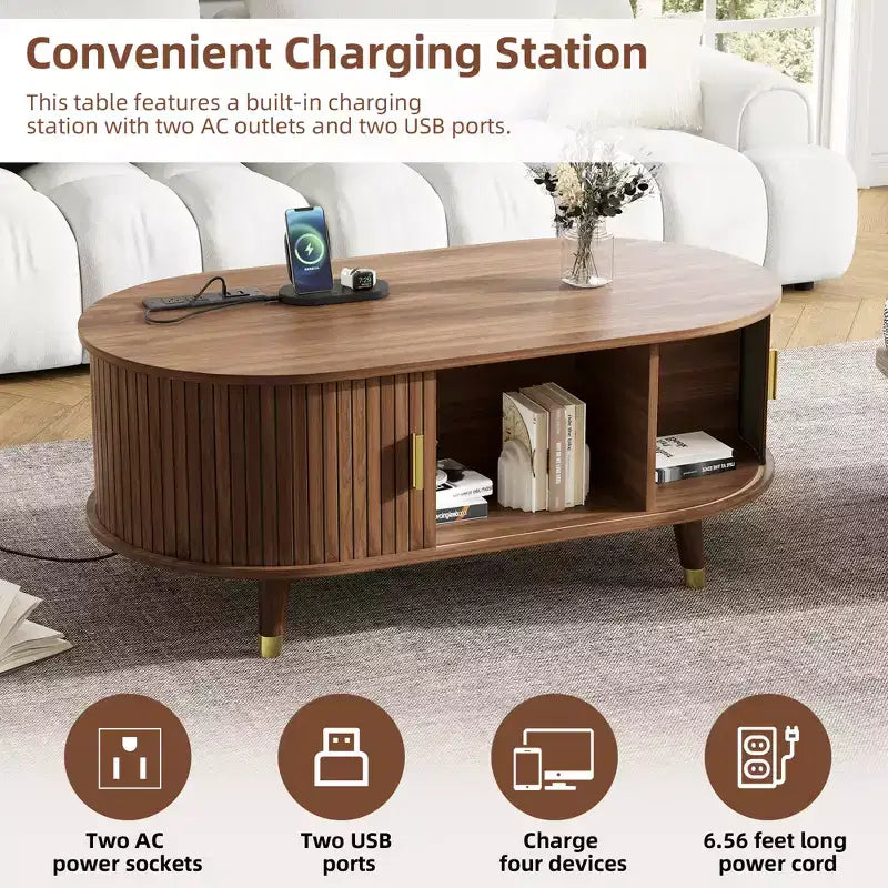 Mueble de TV estilo rústico con mesa de centro para televisores de 80 pulgadas, Mueble de TV acanalado con puerta corredera, Centro de entretenimiento ovalado con patas de madera