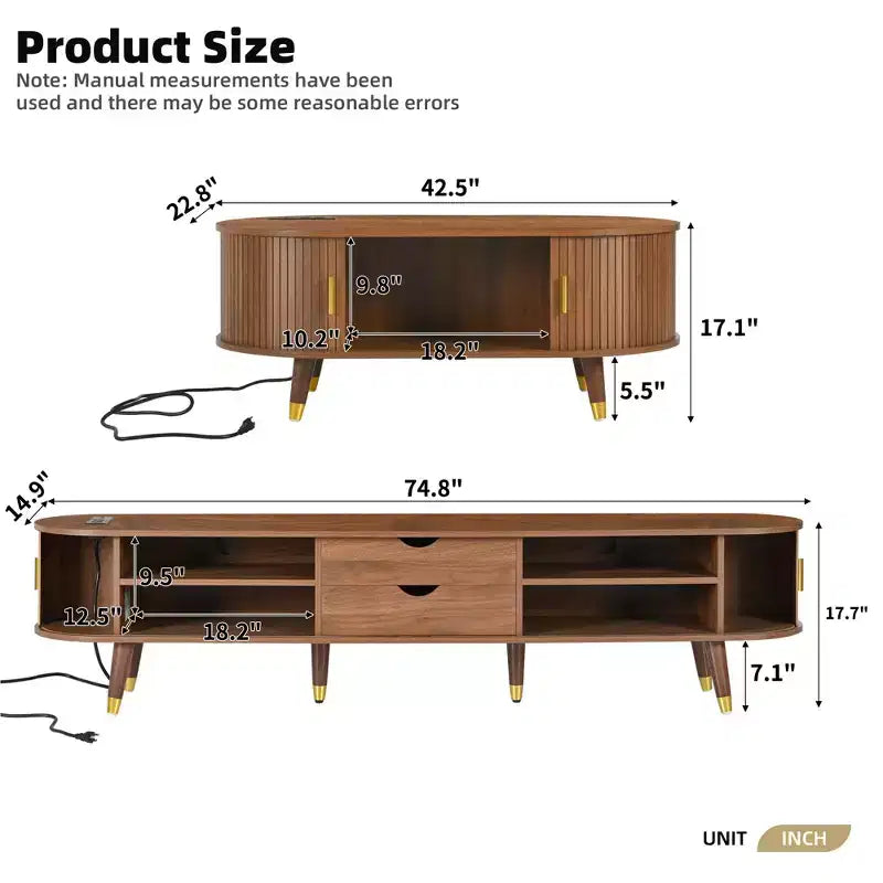 Mueble de TV estilo rústico con mesa de centro para televisores de 80 pulgadas, Mueble de TV acanalado con puerta corredera, Centro de entretenimiento ovalado con patas de madera
