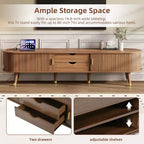 Mueble de TV estilo rústico con mesa de centro para televisores de 80 pulgadas, Mueble de TV acanalado con puerta corredera, Centro de entretenimiento ovalado con patas de madera