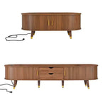Mueble de TV estilo rústico con mesa de centro para televisores de 80 pulgadas, Mueble de TV acanalado con puerta corredera, Centro de entretenimiento ovalado con patas de madera