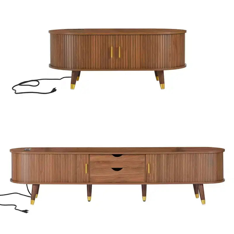Mueble de TV estilo rústico con mesa de centro para televisores de 80 pulgadas, Mueble de TV acanalado con puerta corredera, Centro de entretenimiento ovalado con patas de madera