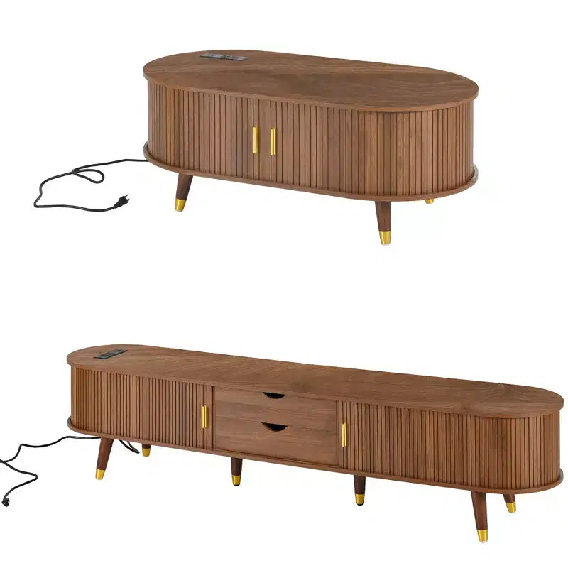 Mueble de TV estilo rústico con mesa de centro para televisores de 80 pulgadas, Mueble de TV acanalado con puerta corredera, Centro de entretenimiento ovalado con patas de madera