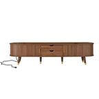 Mueble de TV estilo rústico con mesa de centro para televisores de 80 pulgadas, Mueble de TV acanalado con puerta corredera, Centro de entretenimiento ovalado con patas de madera