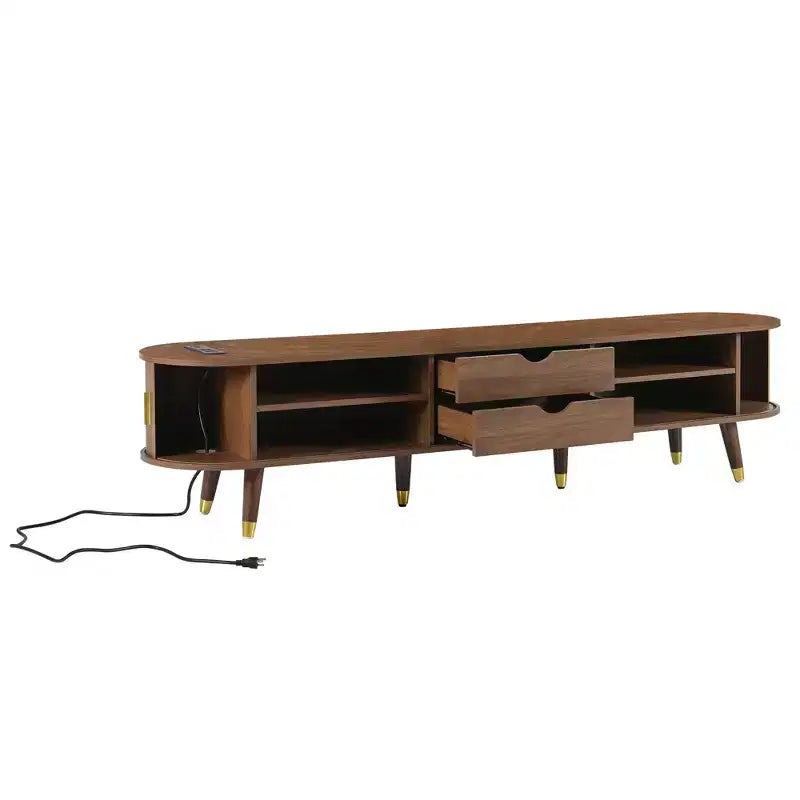 Mueble de TV estilo rústico con mesa de centro para televisores de 80 pulgadas, Mueble de TV acanalado con puerta corredera, Centro de entretenimiento ovalado con patas de madera